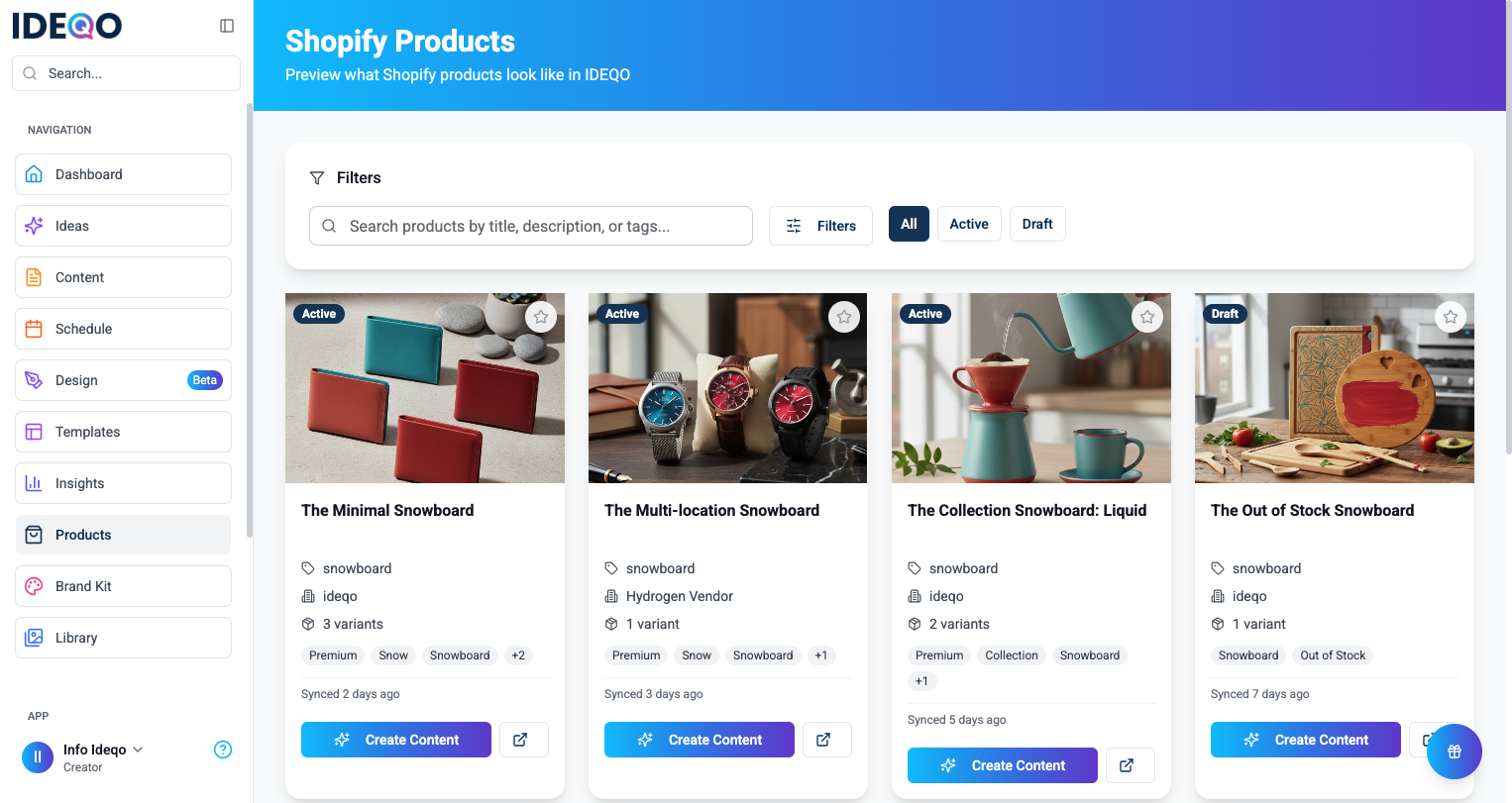 Shopify products synced inside Ideqo