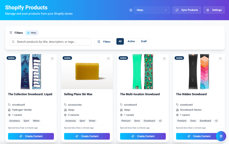Shopify products grid inside Ideqo content command center