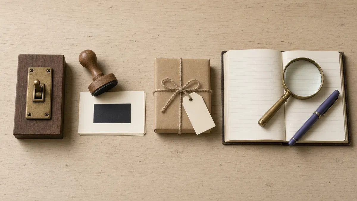 Overhead view of a pale maple worktable with four groups left to right: a brass toggle switch on a walnut block, a wooden-handled rubber stamp beside blank cream cards, a kraft parcel tied with twine and a blank swing tag, and an open ledger with blank ruled pages holding a brass magnifying glass and a purple-blue fountain pen