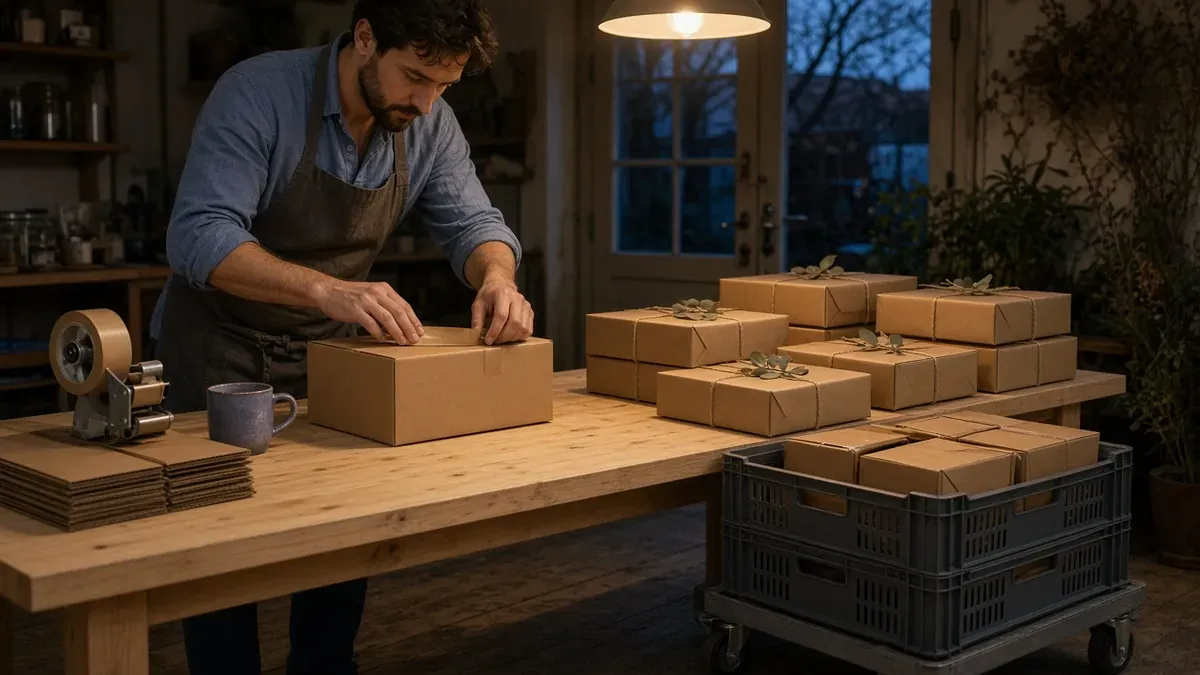 Bearded man in a blue linen shirt and canvas apron taping a kraft shipping box at a pine packing table at dusk, beside stacks of kraft gift boxes tied with twine and eucalyptus sprigs, with two gray crates of sealed boxes on a wheeled dolly by the back door, showing advent calendar boxes going out in November so they arrive before the first door