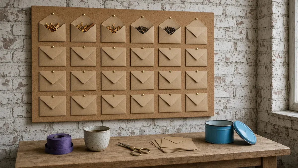 Cork board on a whitewashed brick wall holding four rows of six blank kraft envelopes, with the first five envelopes in the top row open to show dried orange peel, a cinnamon stick, and loose tea, above an oak desk with violet ribbon, a stoneware cup, brass scissors, spare envelopes, and an open cyan-blue tin, standing for a 24-door advent map where each envelope is one day's reveal