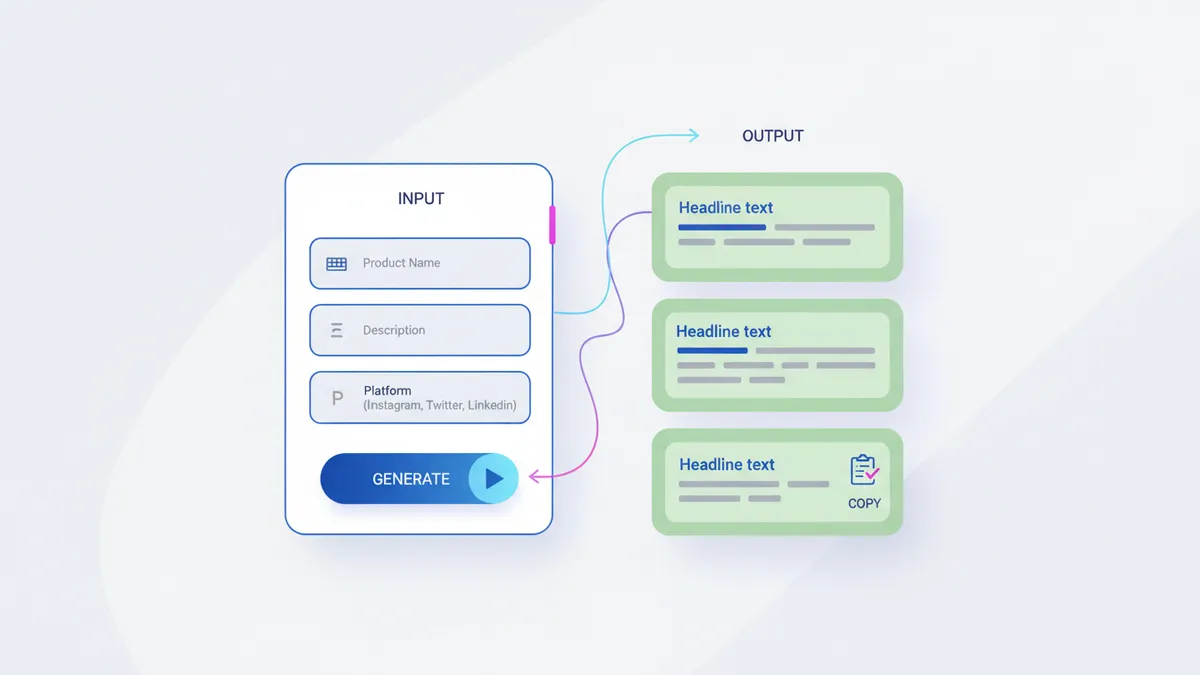 Illustration of an AI caption generator interface showing input fields and generated caption outputs.