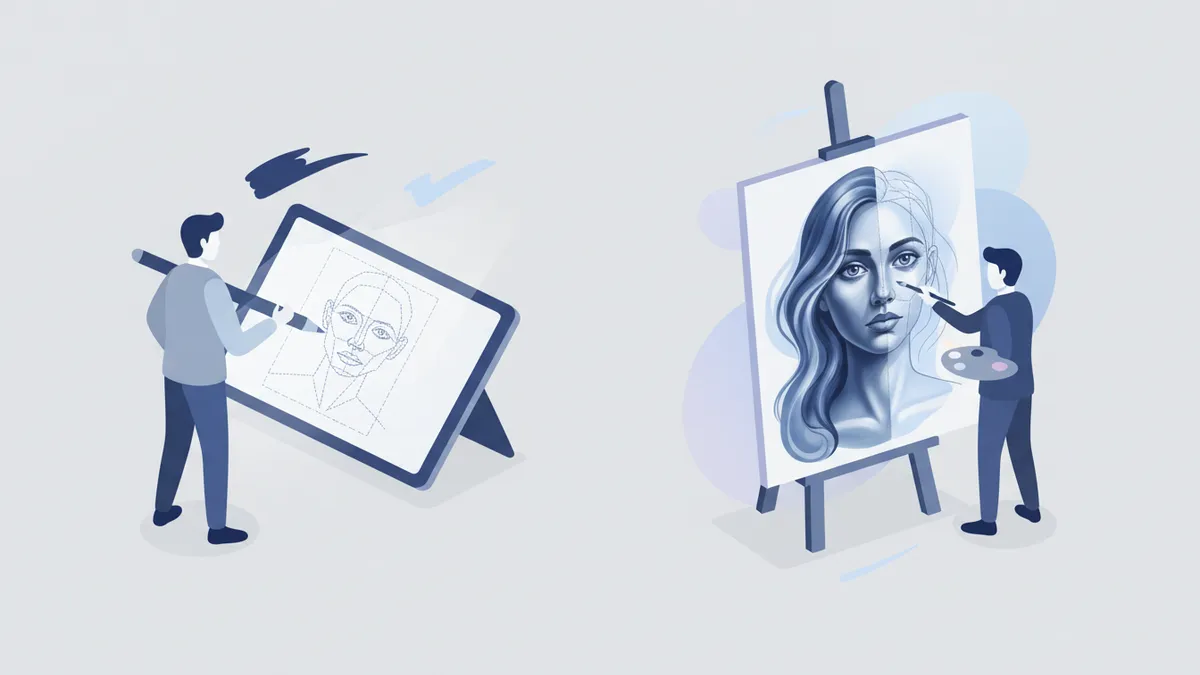 Visual metaphor showing AI as a sketch that needs to be refined.