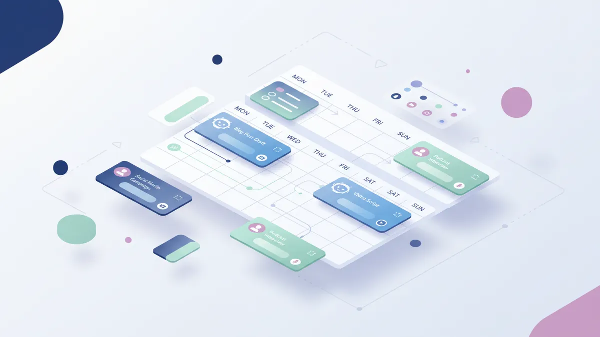 Isometric illustration of a content calendar with AI-assisted and manually created content entries.
