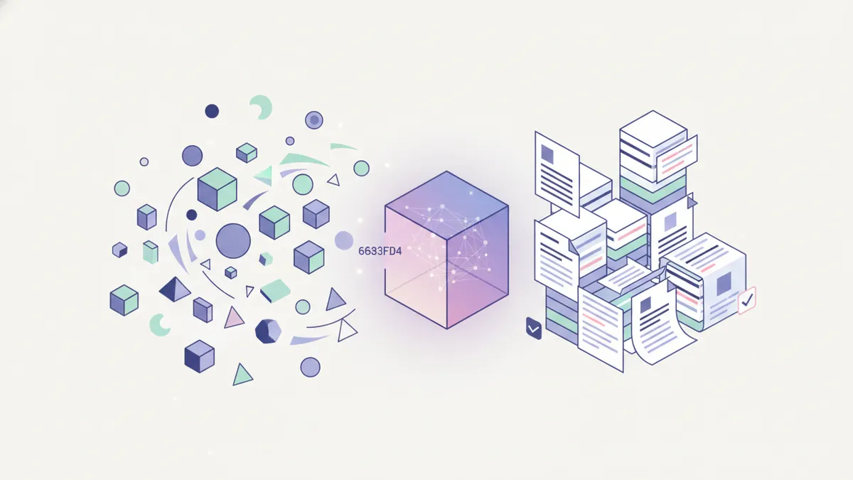 Abstract illustration showing scattered data entering a prism and emerging as organized documents, symbolizing AI content generation.