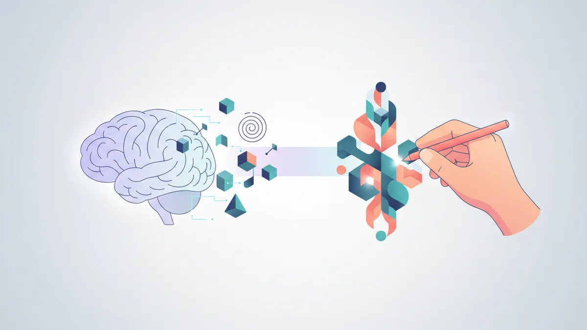 Abstract visualization of AI generating draft concepts and a human refining them into a final product.