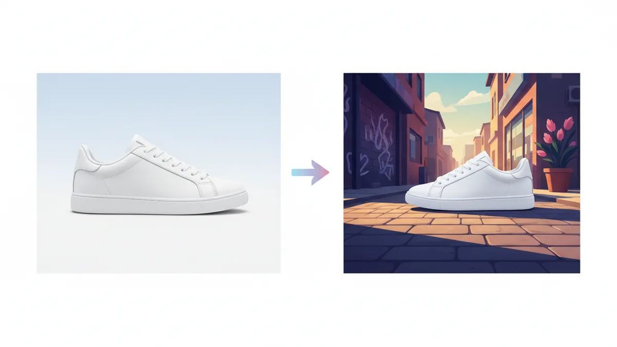 Illustration showing a plain white-background product photo transforming into a dynamic lifestyle image for social media.