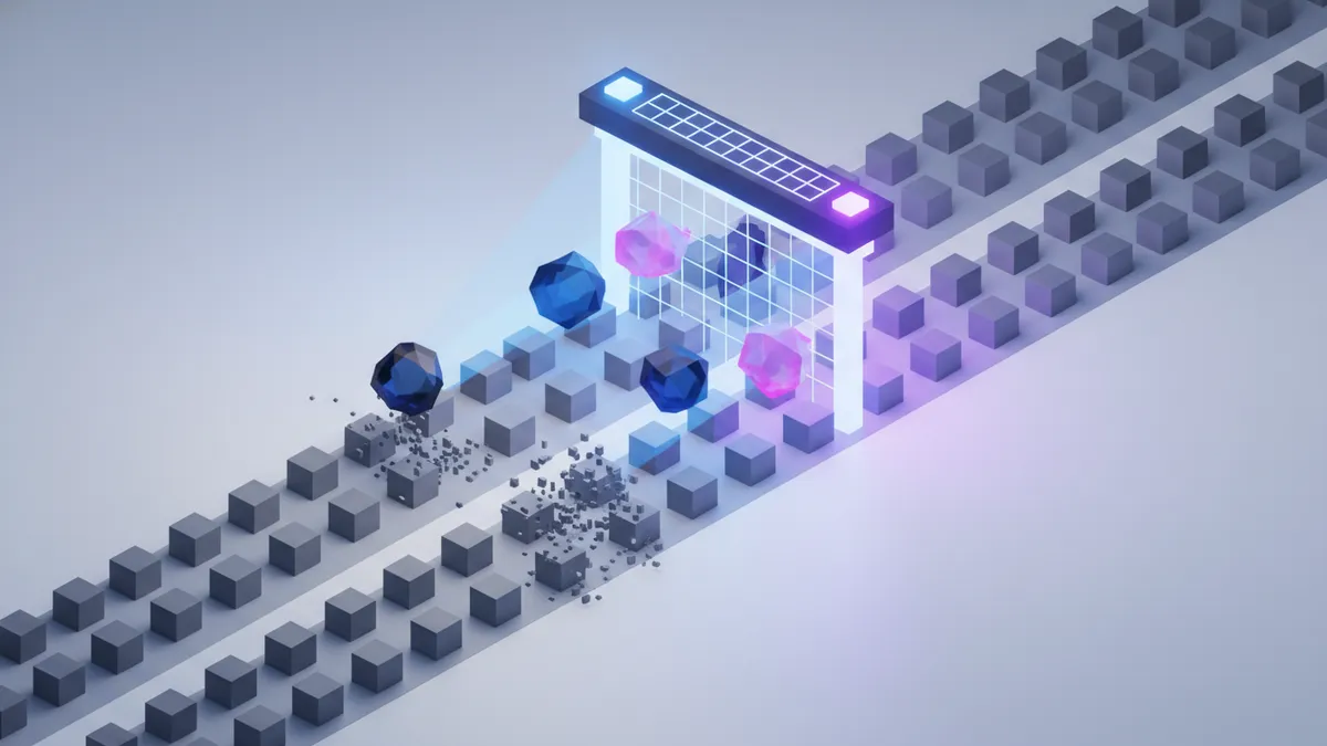 Abstract 3D illustration showing a digital algorithm filtering out identical content blocks while letting unique, glowing blocks pass through.