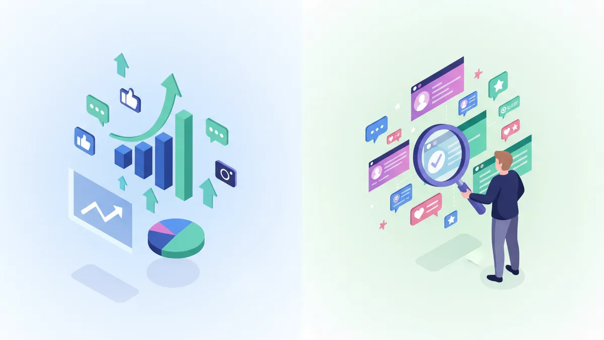 Illustration showing the difference between social media analytics and social media monitoring.