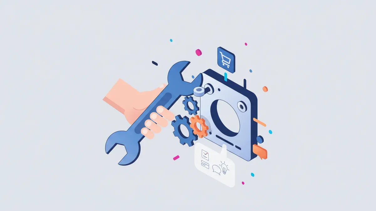 Hand holding a wrench tightening bolts on a machine with a missing component, symbolizing the need for setup and engagement in automation.