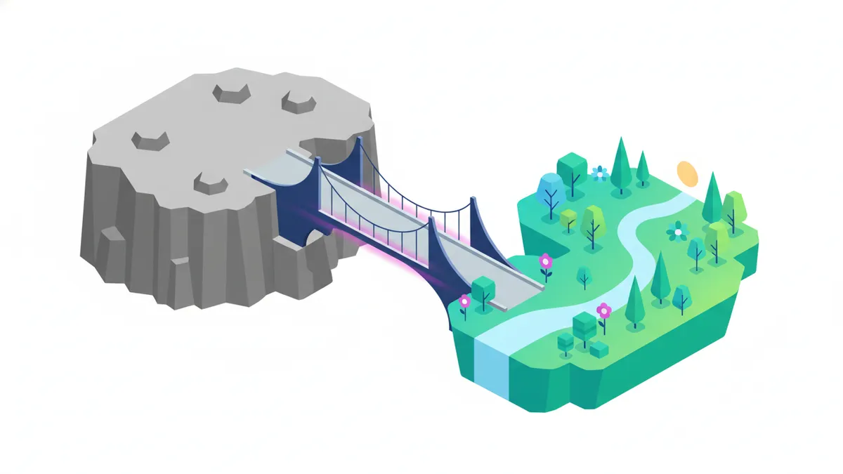 A conceptual illustration of a bridge connecting a dull landscape to a vibrant landscape, representing the Before-After-Bridge framework.
