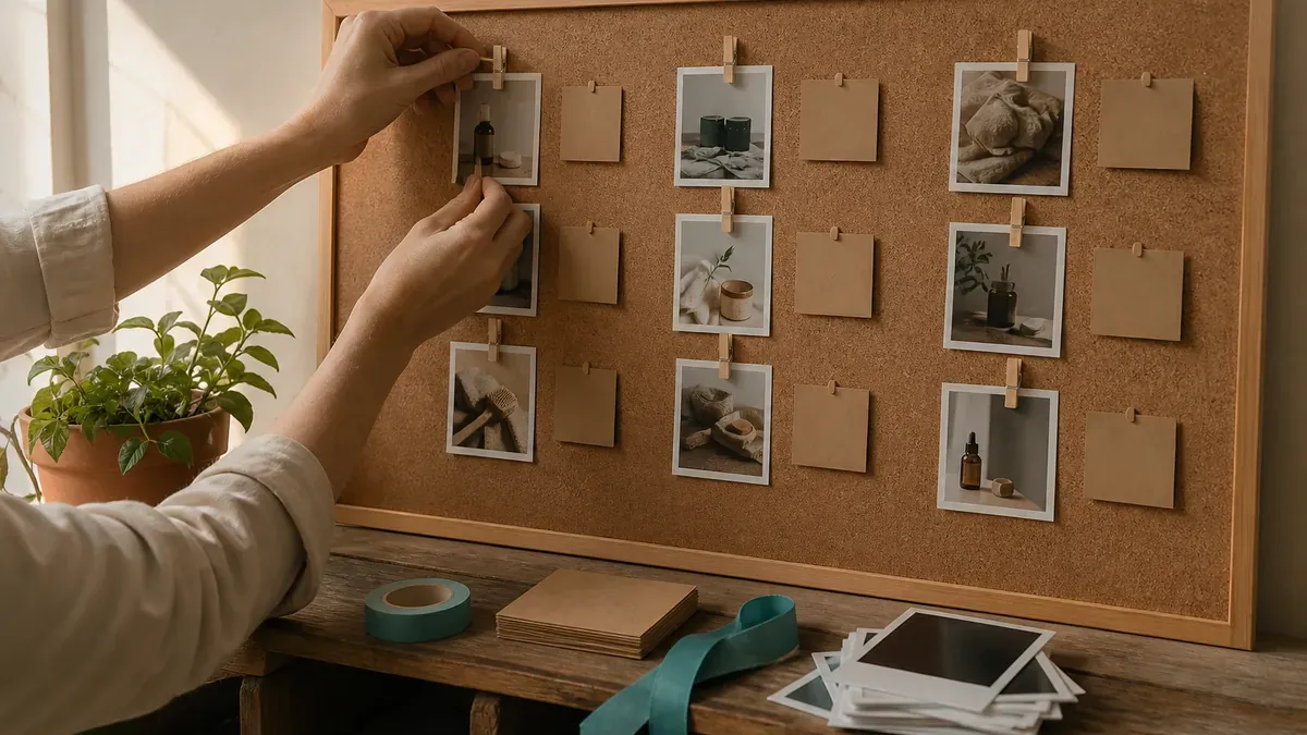 Hands arranging product photo prints on a corkboard while batch-planning social content for a seasonal sale