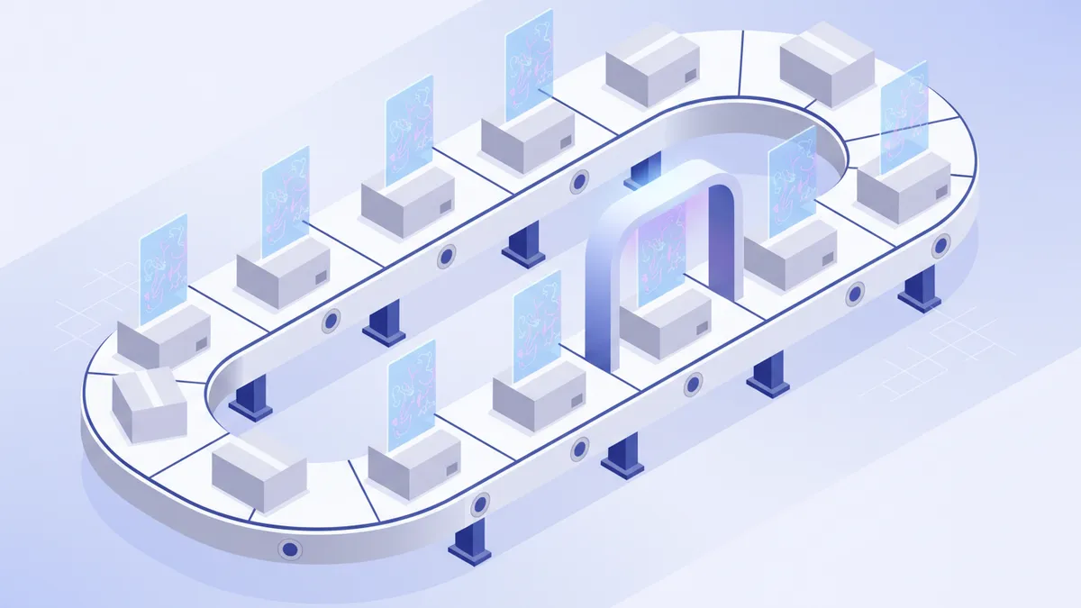 Isometric illustration of products on a conveyor belt being scanned and generating documents, representing batch content creation.