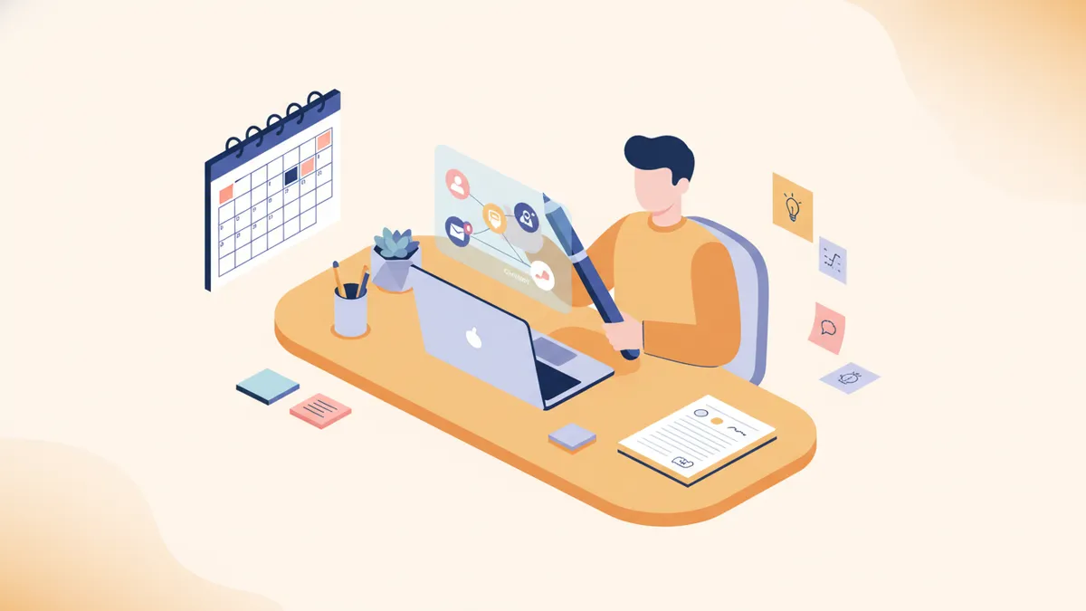 Illustration of a workspace for batching and scheduling content.