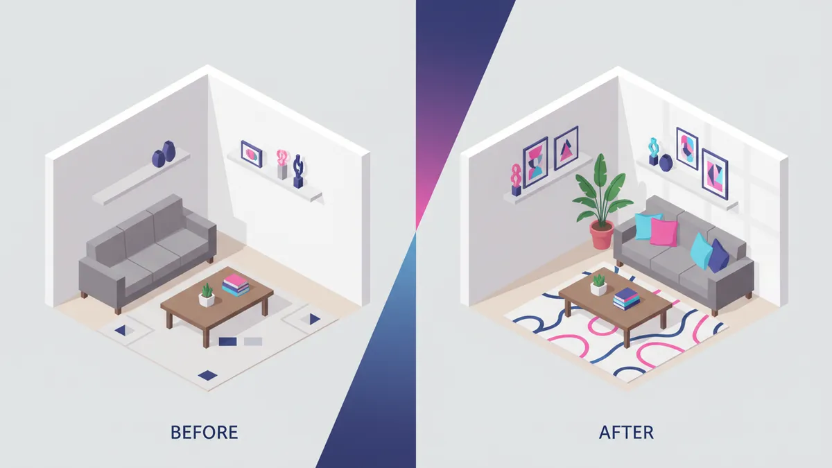 Before and after transformation illustration of a room decor.
