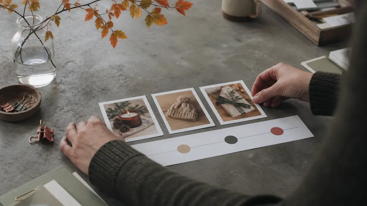 Merchant hands arranging seasonal product photo prints beside a simple four-dot planning strip