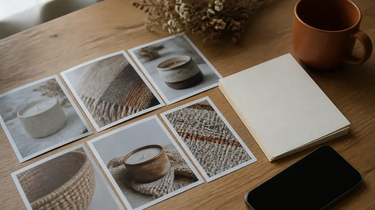 Printed product photos of candles and textiles arranged for bilingual social batching beside blank cards and a powered-off phone