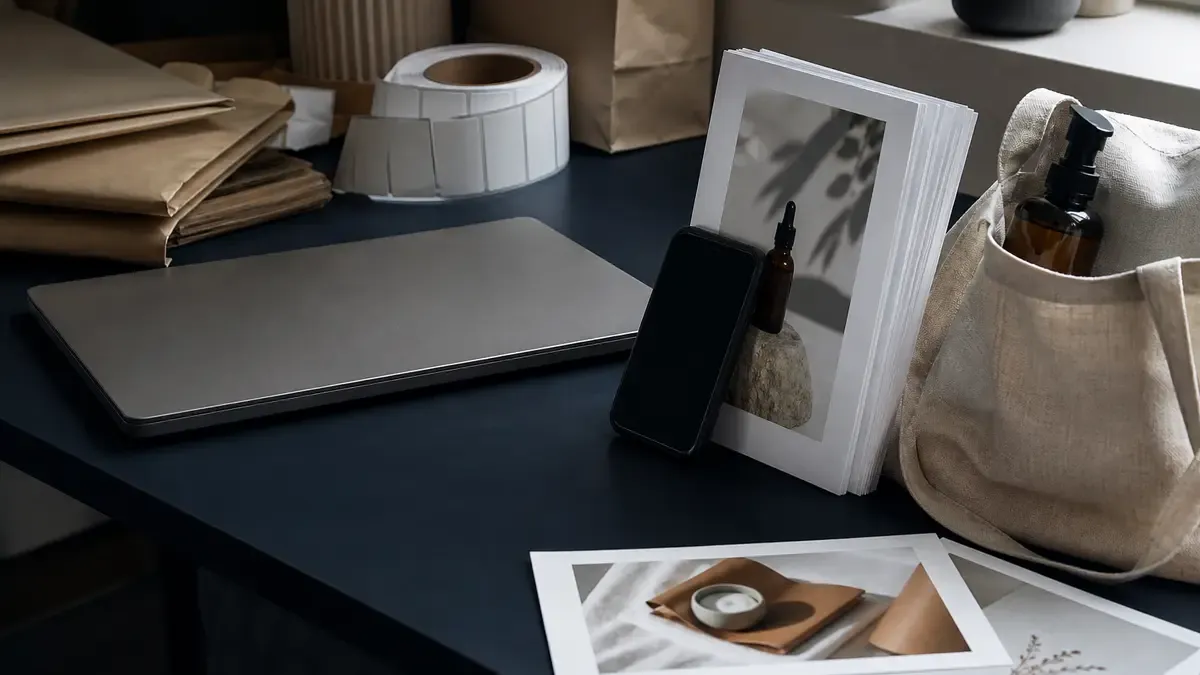 Ecommerce desk with a closed laptop, smartphone, product photo prints, shipping labels, and a linen tote holding a bottle product