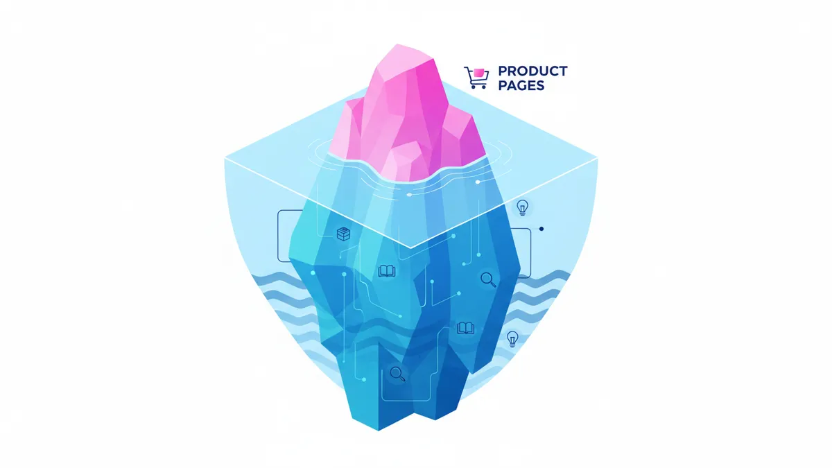 Illustration of an iceberg showing the vast SEO potential of blog content compared to the small visible tip of product pages.