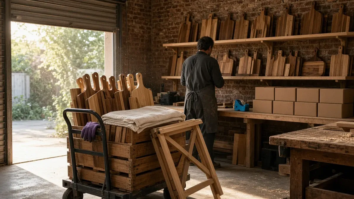 Woodworking shop with an open roll-up door, where a steel hand truck holds wooden crates packed with upright cutting boards under a folded linen tablecloth, with a violet work glove on the handle and a folding wooden stand leaning on the crates, while a woodworker in a charcoal apron checks pine shelves of cutting boards and a row of plain kraft shipping boxes kept back for online orders