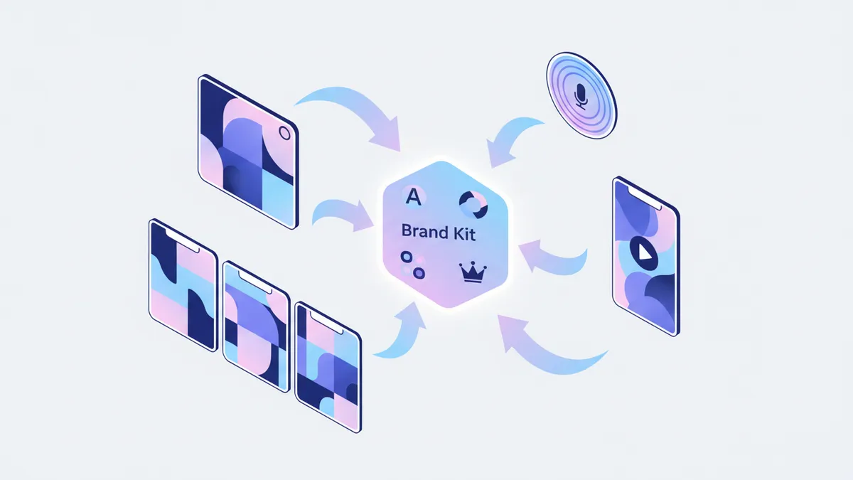Illustration of a Brand Kit ensuring consistent branding across various social media post formats.