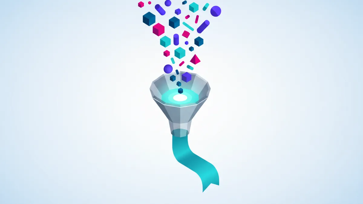 Abstract graphic showing chaotic elements passing through a funnel to become a consistent stream, representing brand voice consistency.