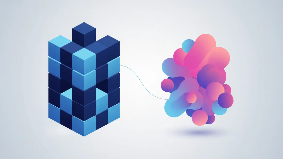 Abstract illustration comparing rigid corporate structure with organic, warm human connection.