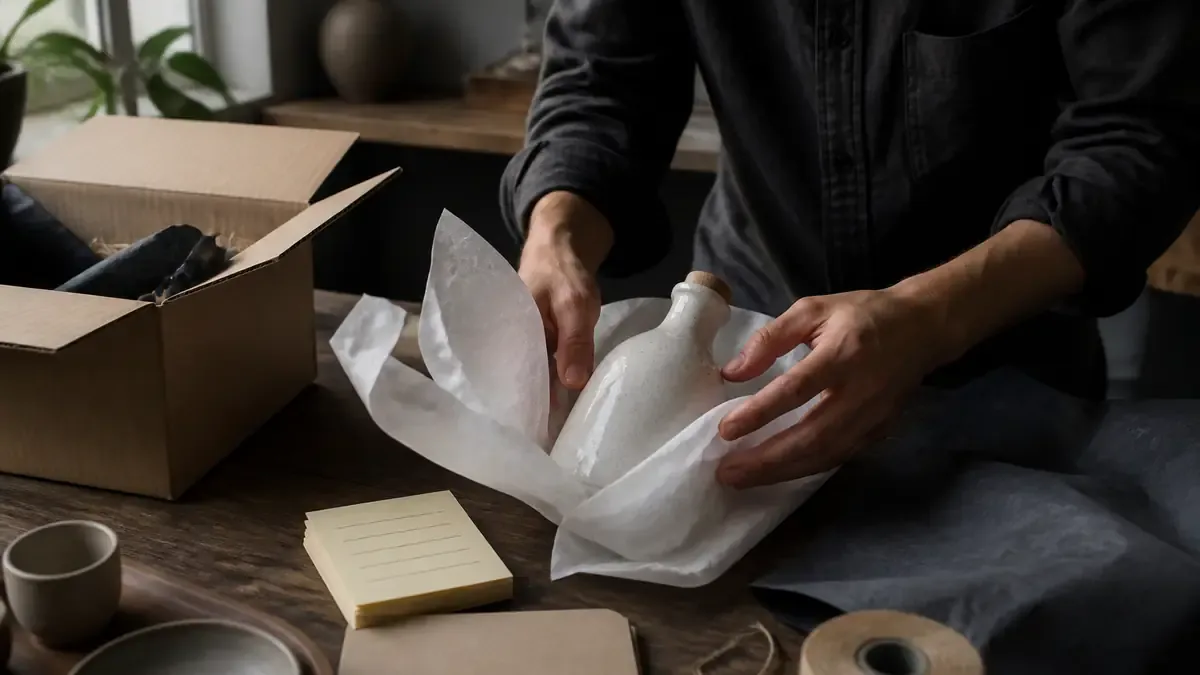 Hands arranging a limited ceramic bottle and tissue paper on a packing table beside a blank sticky-note pad for drafting a channel drop message
