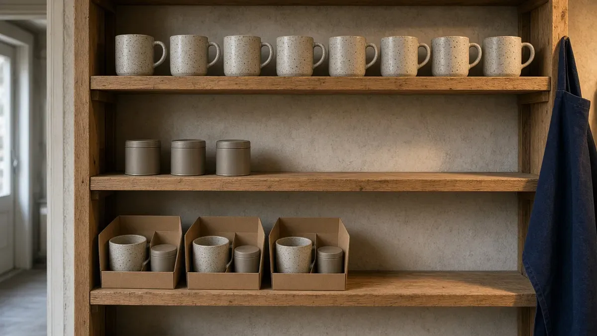 Stockroom shelves with eight identical mugs on top, only three tea tins in the middle, and exactly three assembled gift boxes on the bottom shelf with empty space beside them