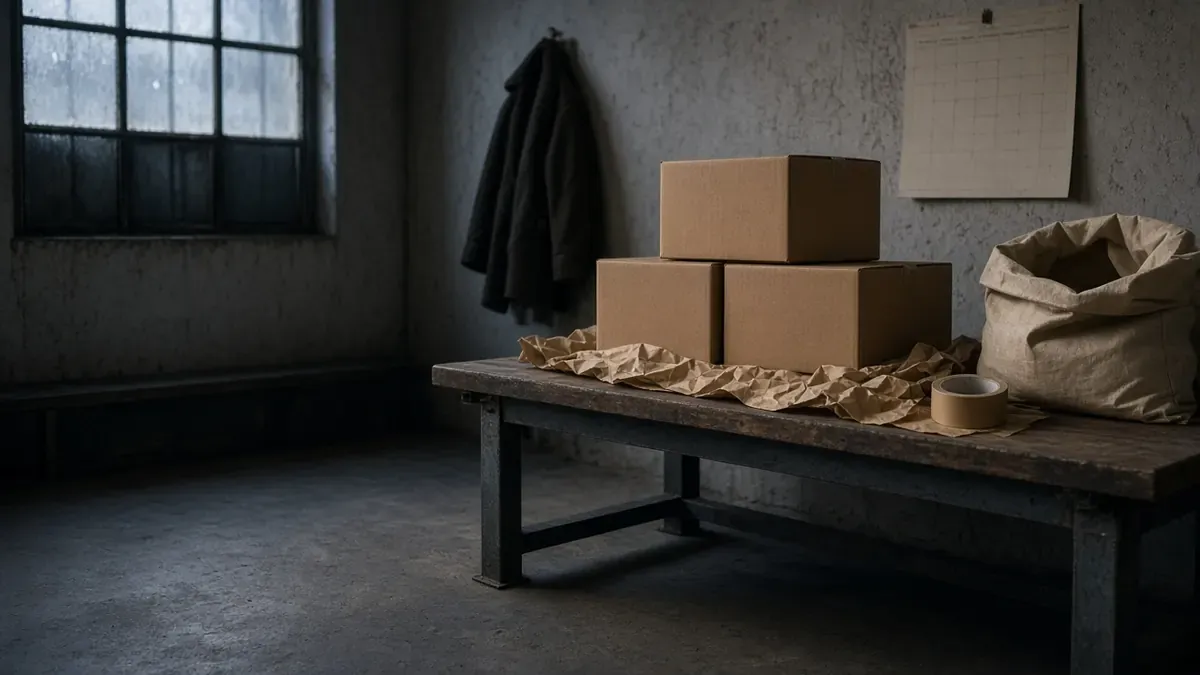 Quiet packing bench with sealed kraft boxes, crumpled paper, tape, a mail sack, and a blank wall calendar in cool warehouse light