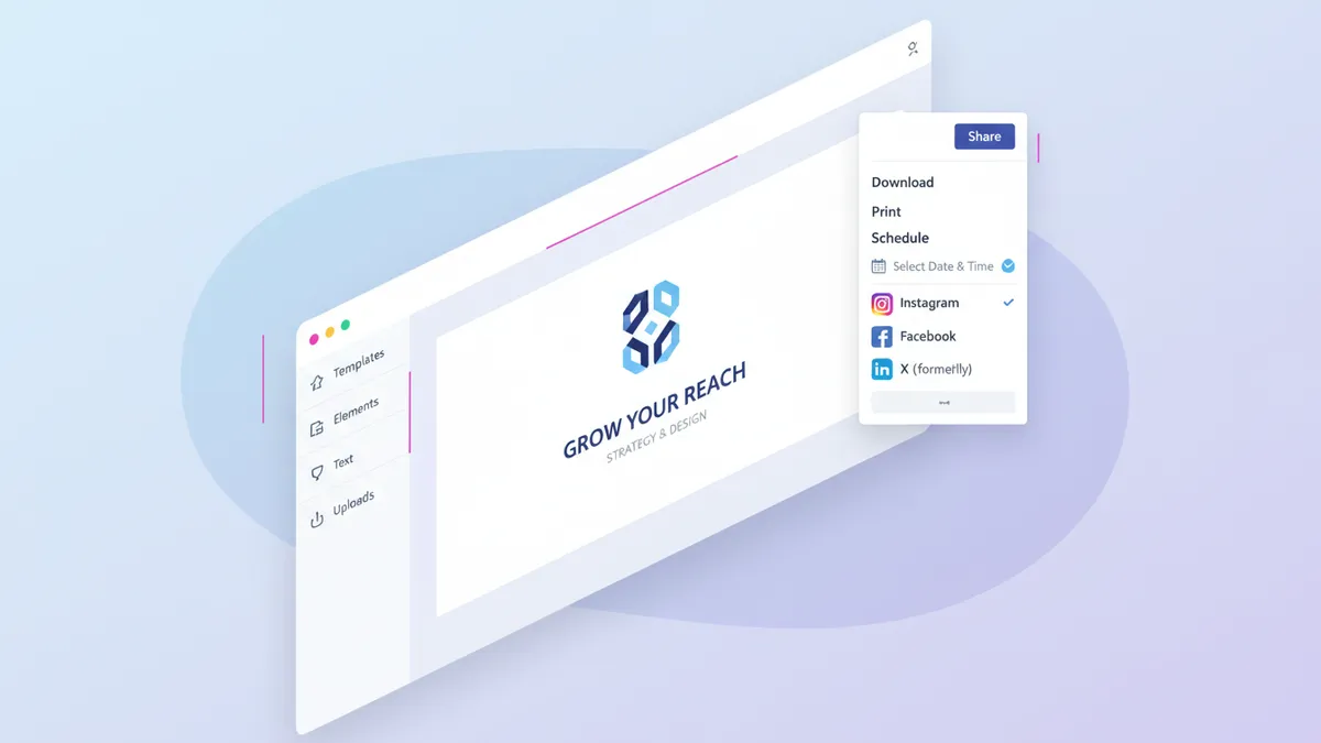 Canva interface showing a social media post being designed and scheduled.