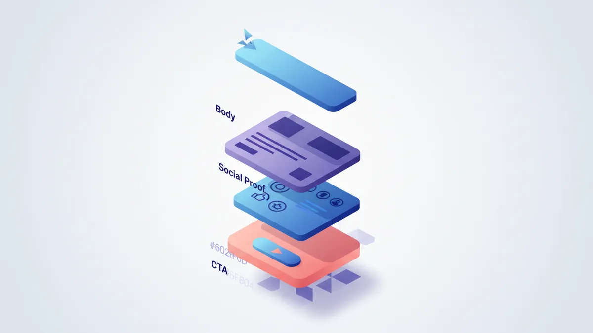 An isometric diagram showing a social media post broken down into four structural layers.