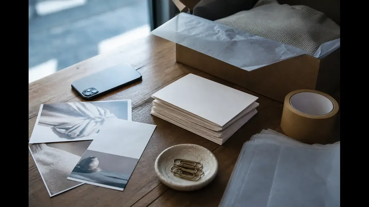 Face-down phone beside printed product photos and a short stack of blank welcome-series cards on a fulfillment desk