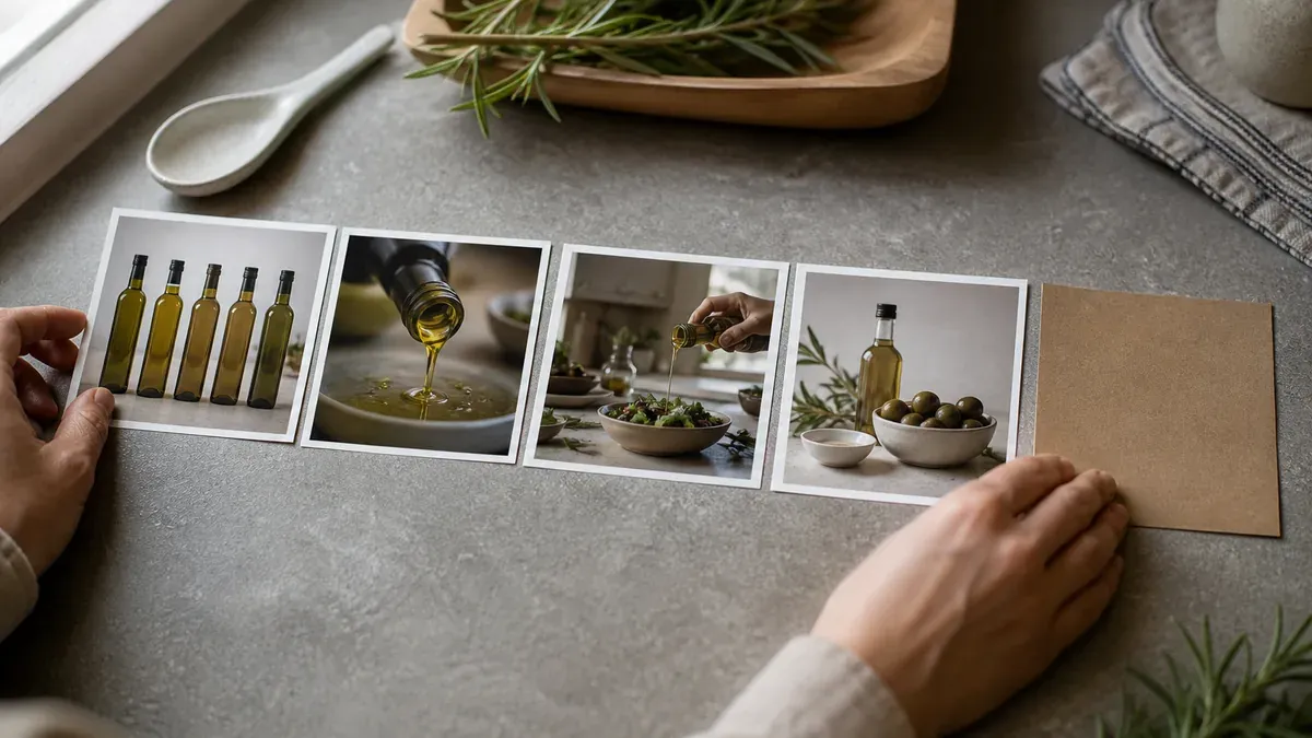Hands lining up olive oil product photo prints and a blank kraft CTA card into a left-to-right teaching sequence