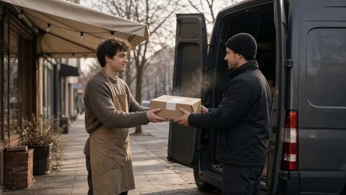Shop owner in a wool sweater and canvas apron handing a plain kraft parcel to a delivery driver at the open side door of an unmarked van on a winter sidewalk