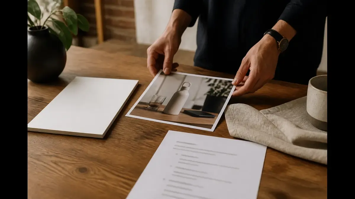 Hands reviewing a product photo print beside a blurred post outline and notepad while preparing a LinkedIn case-study style update