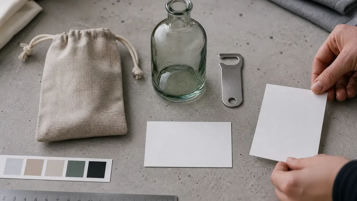 Overhead product catalog prep with a linen pouch, glass bottle, metal tool, blank index cards, and a color swatch strip on a concrete table
