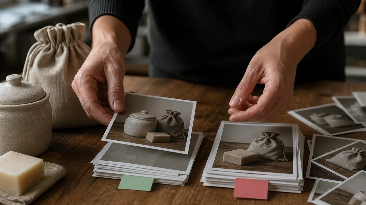 Merchant hands sorting product photo prints into green-tab and red-tab stacks beside a ceramic jar, linen pouch, and soap bar