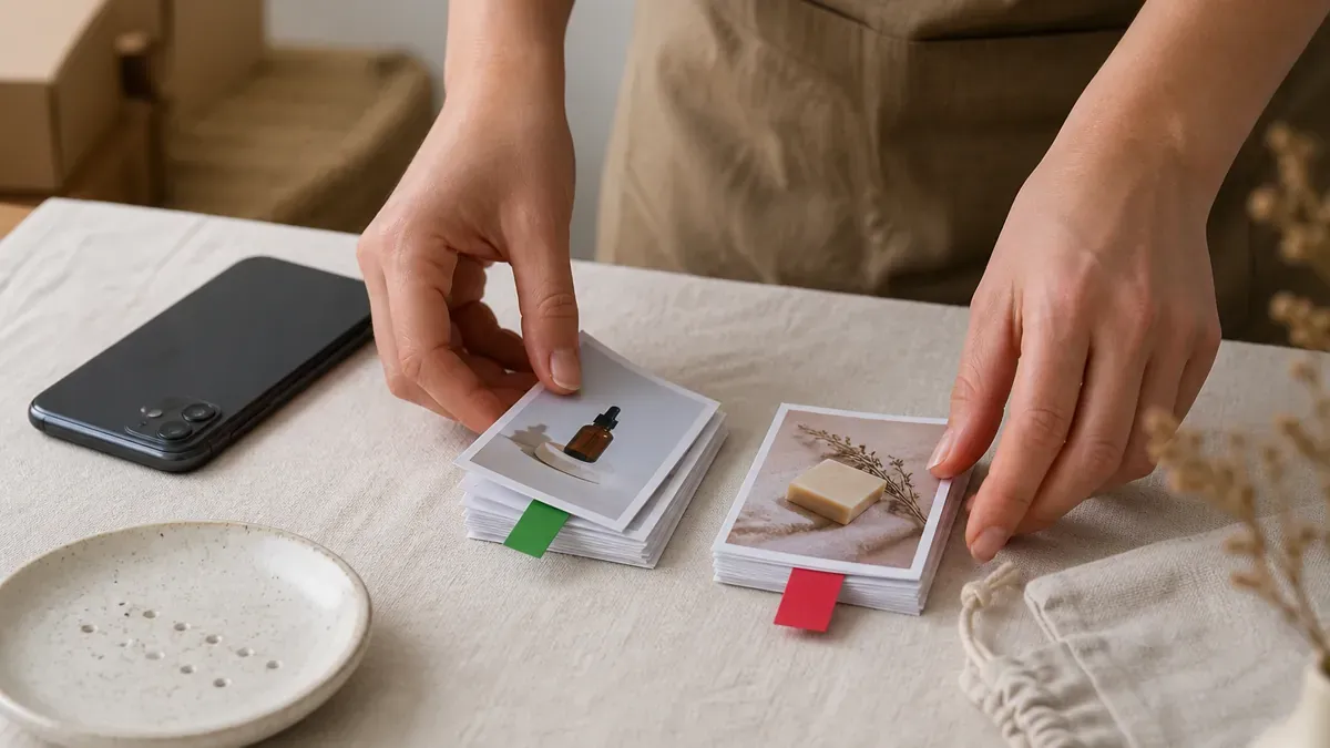 Merchant hands sorting product photo prints into green-tab and red-tab stacks beside a face-down phone, soap dish, and linen pouch