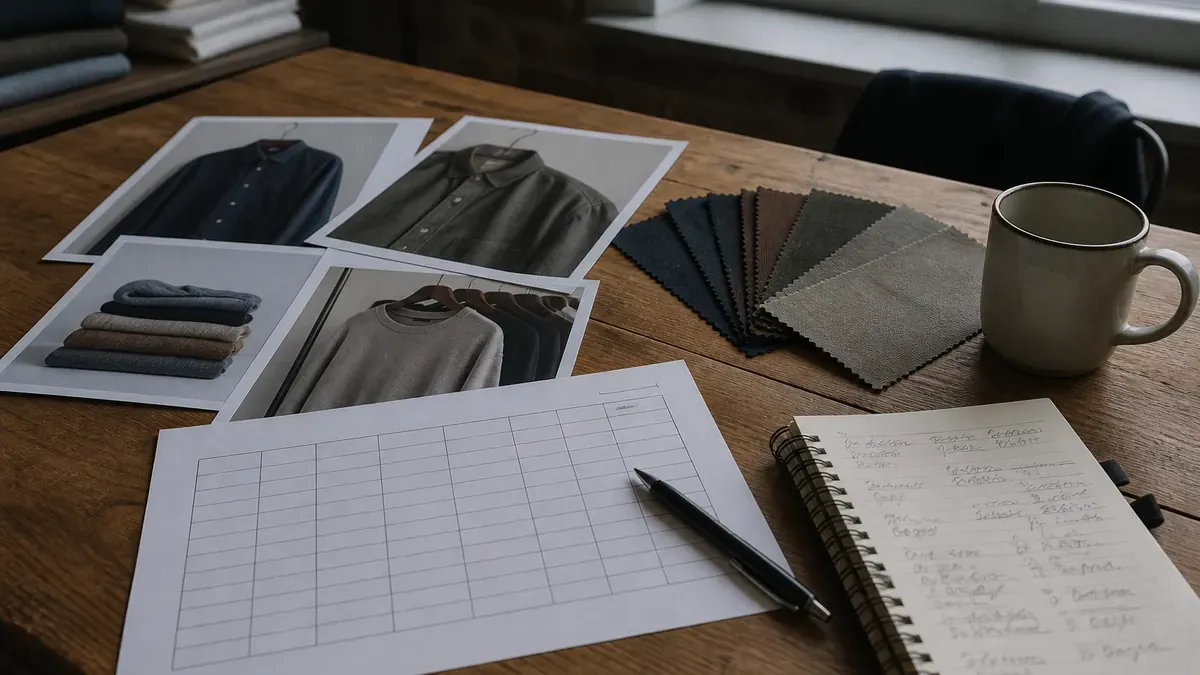 Printed product photos, fabric swatches, and a blank size grid on a quiet merchant desk ready for catalog cleanup