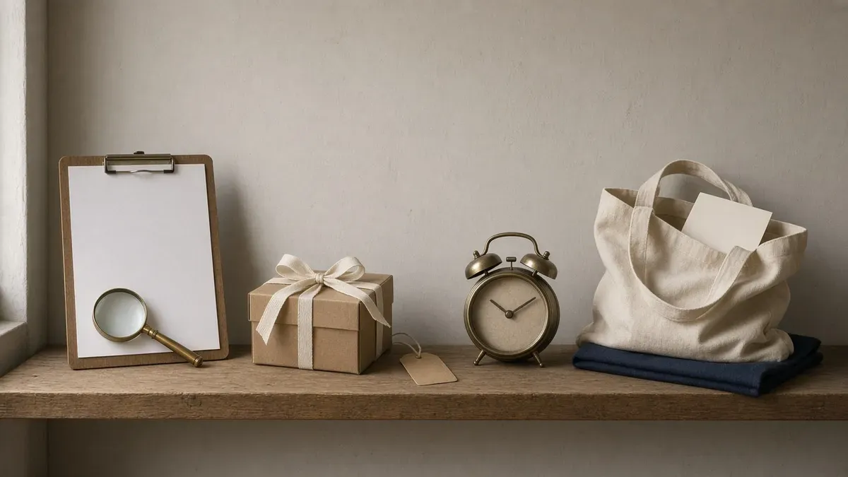 Four items on a wooden stockroom shelf, left to right: a clipboard with blank paper and a magnifying glass, a small kraft box with a cotton ribbon and a blank price tag, a brass alarm clock, and a canvas tote bag with a blank folded card tucked inside