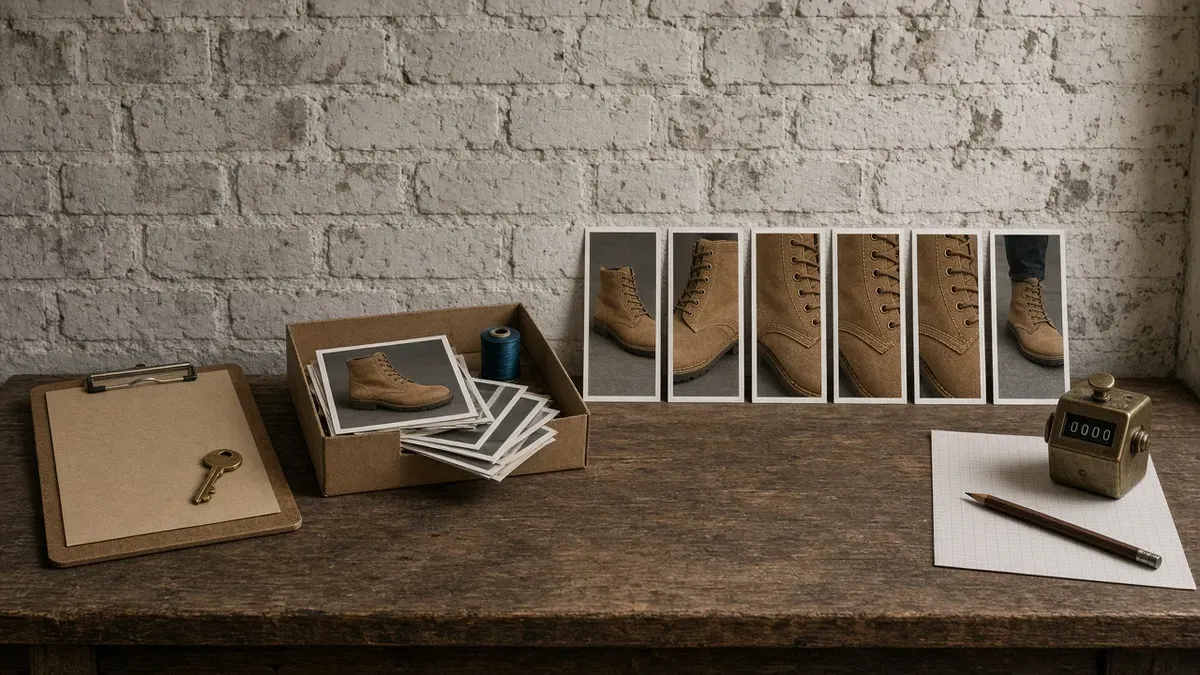 Long wooden workbench against a whitewashed brick wall with four zones left to right: a clipboard with a brass key, an open shoebox spilling photo prints of a suede boot beside a spool of teal thread, seven tall photo prints of the boot leaning on the wall from wide shot to close-up, and a brass tally counter with a pencil on a squared notebook