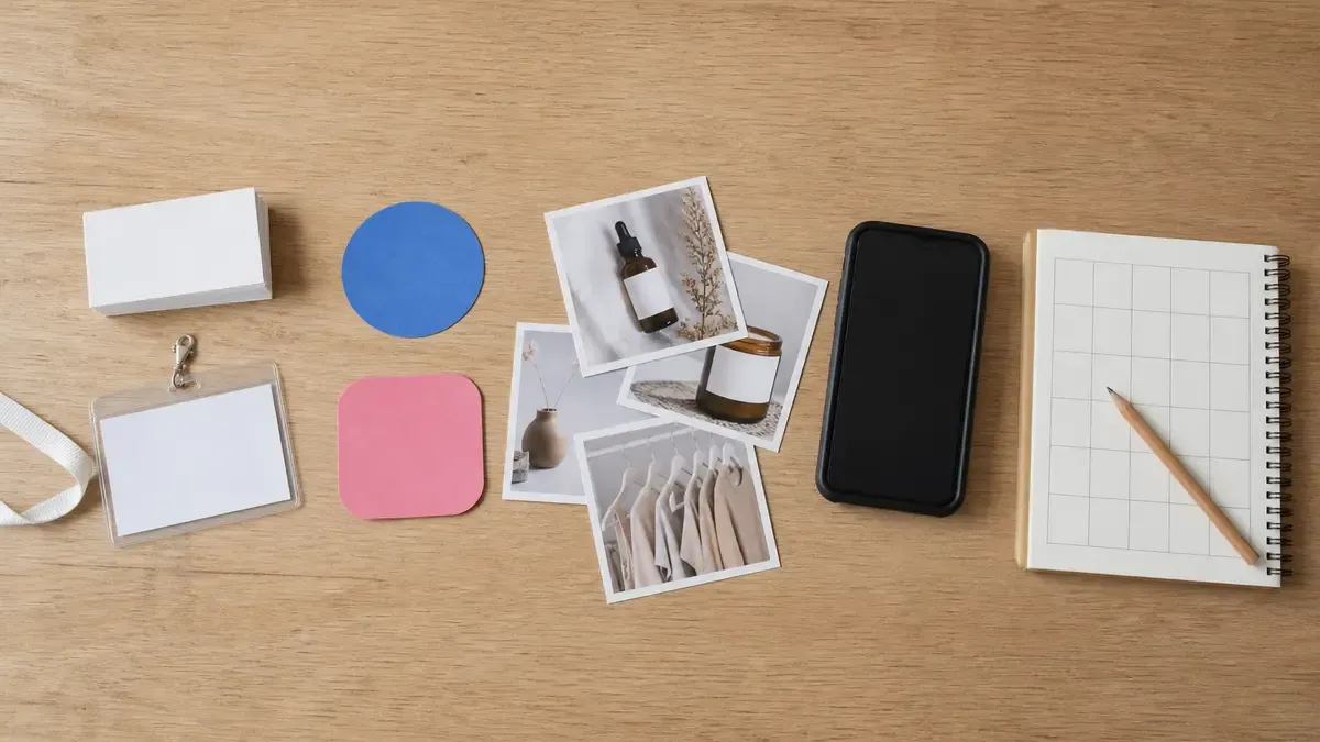 Overhead planning layout with business cards, two paper platform markers, product photo prints, a phone, and an open weekly notebook grid