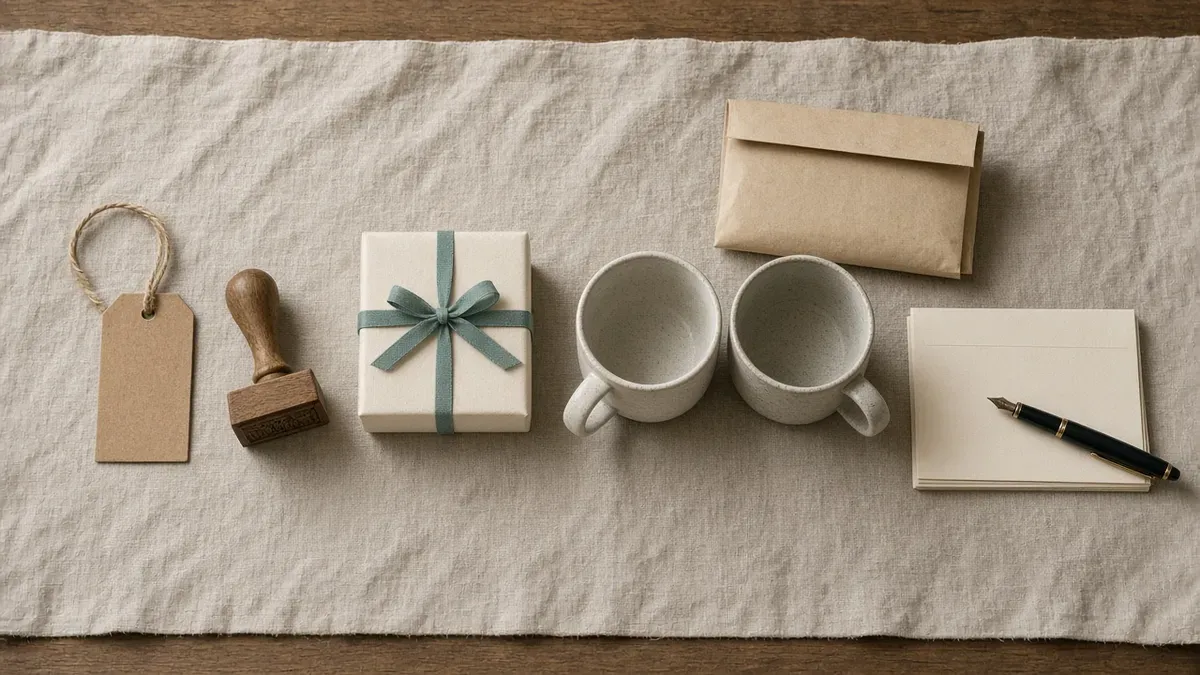 Overhead row of four still lifes on linen: a blank kraft tag with a wooden hand stamp, a cream gift box with a teal ribbon, two ceramic mugs side by side with a kraft envelope, and a stack of blank note cards with a fountain pen