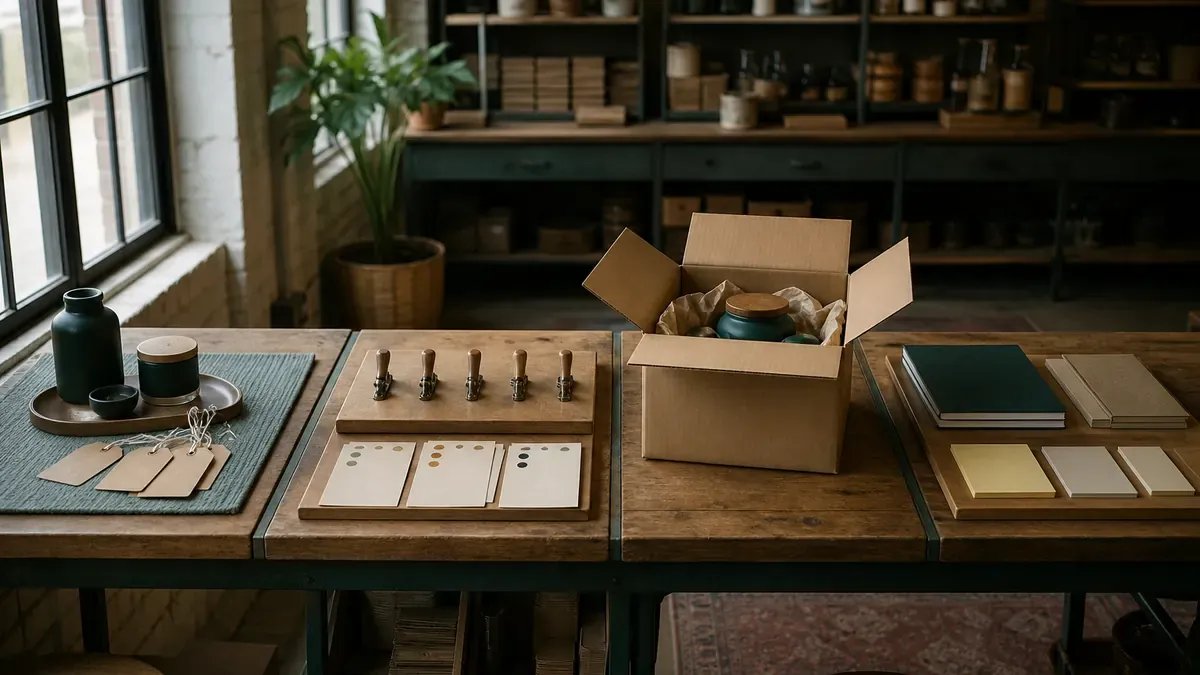Four workbench stations with product tags, channel toggles, an open shipping box, and stacked notebooks for Clean-Control-Convert-Compound