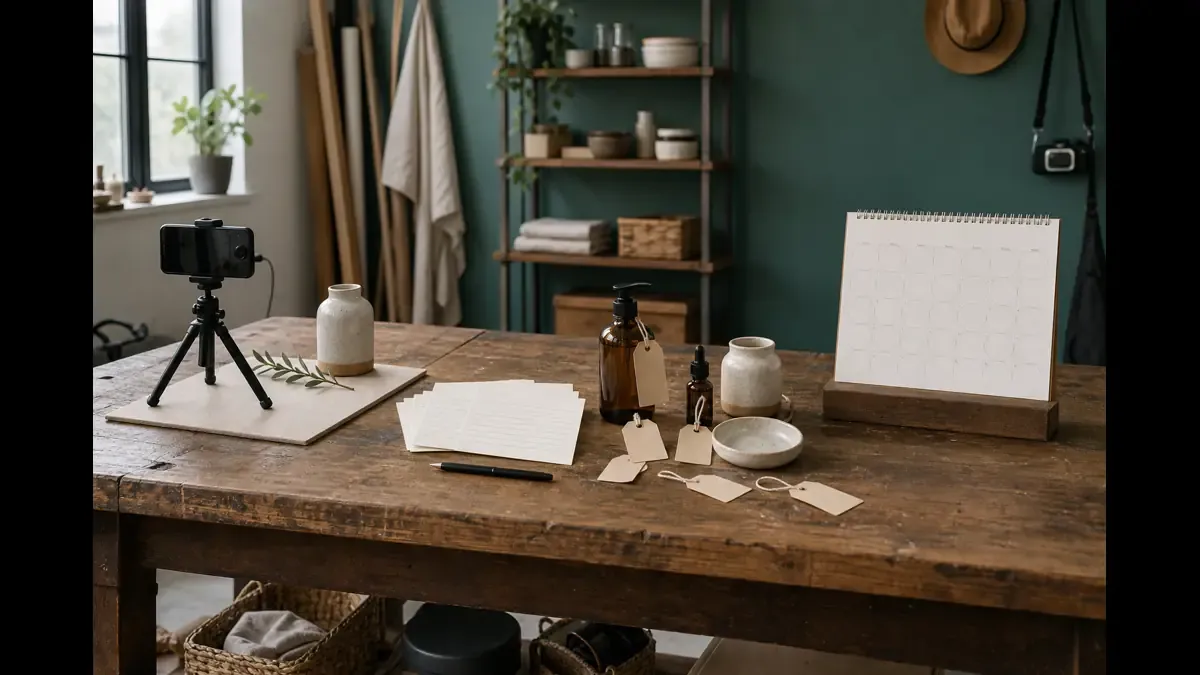 Four merchant workbench stations with a phone on a tripod, blank note cards, product hang tags, and a blank calendar for a Shop Posts workflow