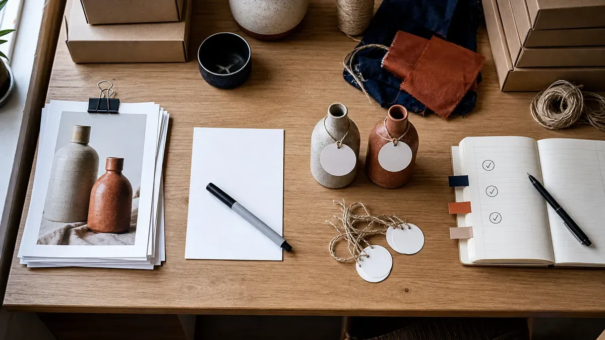 Overhead desk with clipped product prints, blank hook card and marker, tagged ceramic bottles, and a checked notebook for Clip-Hook-Tag-Compound