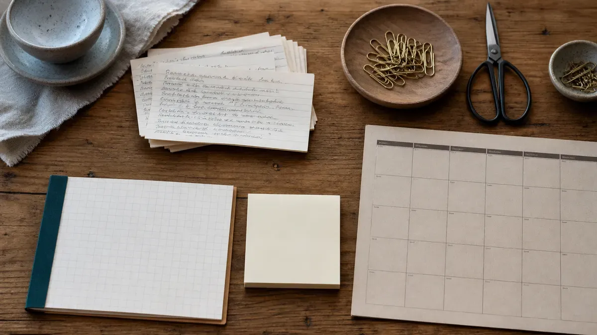 Overhead merchant desk with review note cards, scissors and clips, blank sticky notes, and a weekly calendar grid beside a ceramic cup