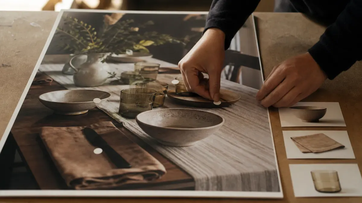 Hands placing white paper dots on a printed lifestyle dining table photo beside matching product cards for collections tagging