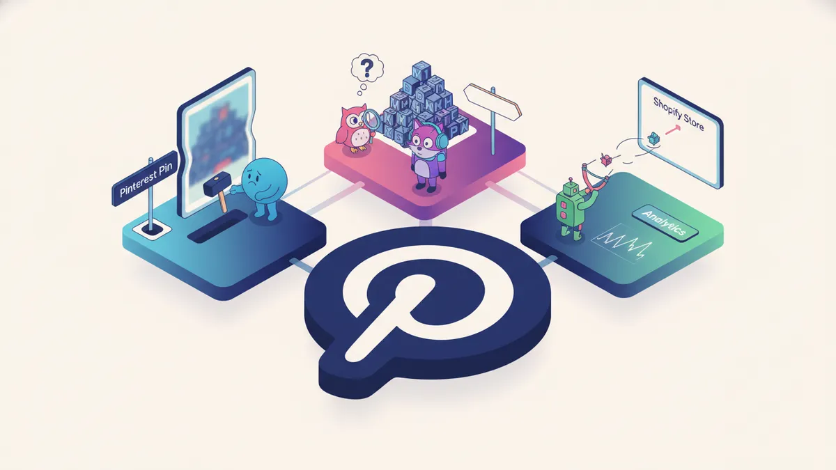 Isometric illustration of common Pinterest mistakes made by Shopify stores.